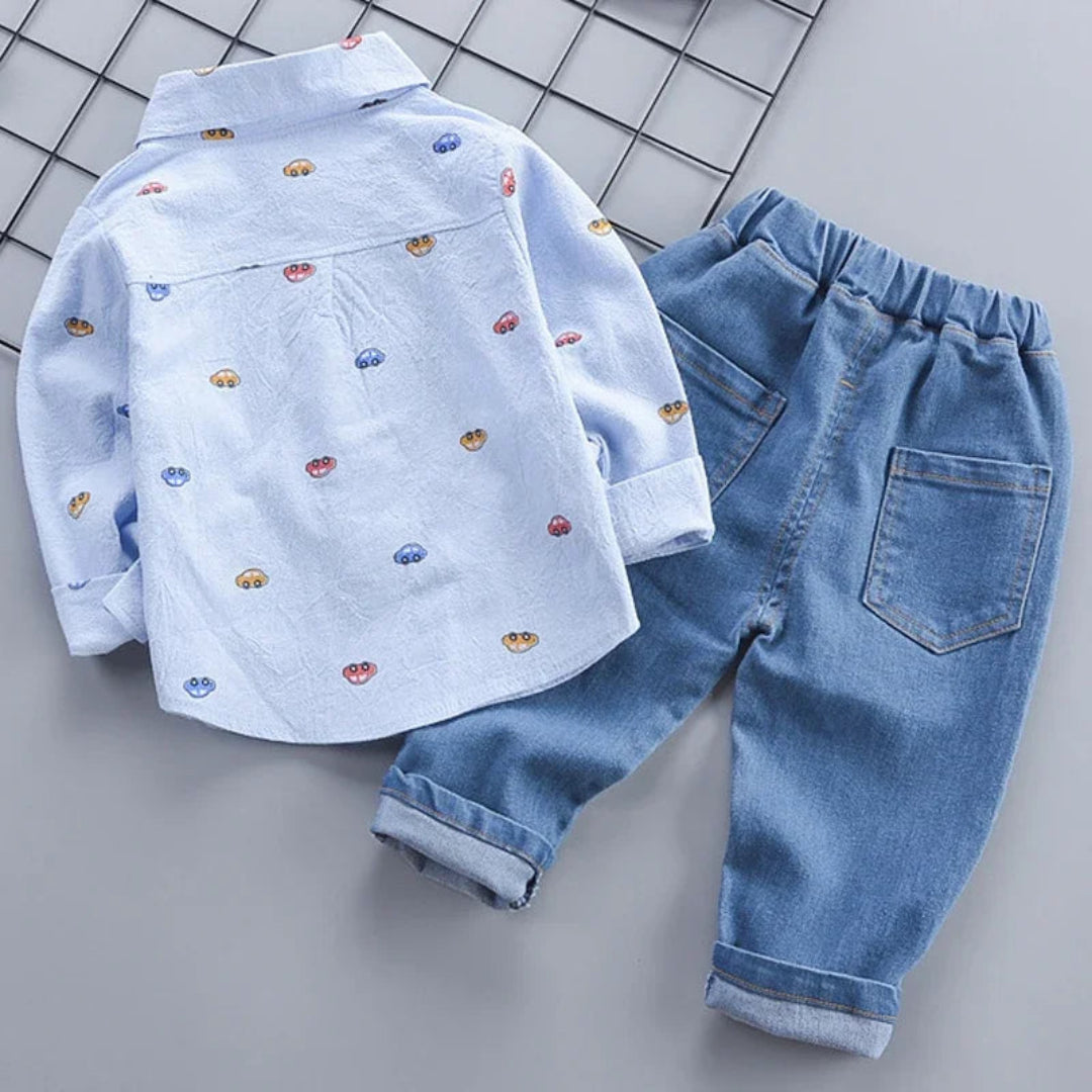 Conjunto de roupas infantis para primavera e outono, roupas masculinas, manga cheia, estampa de carro pequeno, camisa e jeans, roupas infantis, 2 peças, 1 a 4 anos