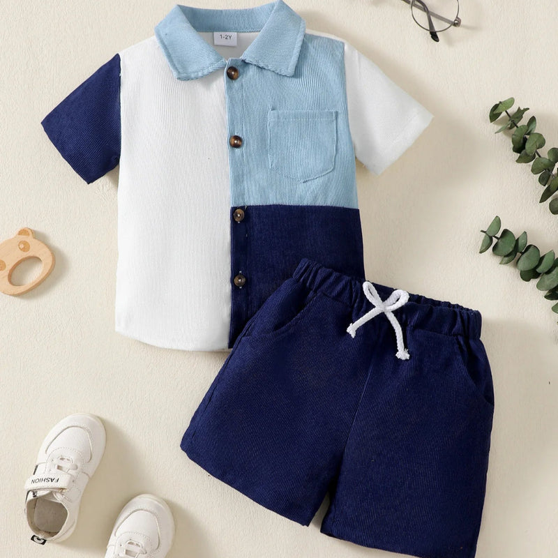 1-6 anos crianças meninos gola flip cor bloqueada pit stripe topo + shorts moda 2 pçs/set ensolarado bonito meninos verão conjunto