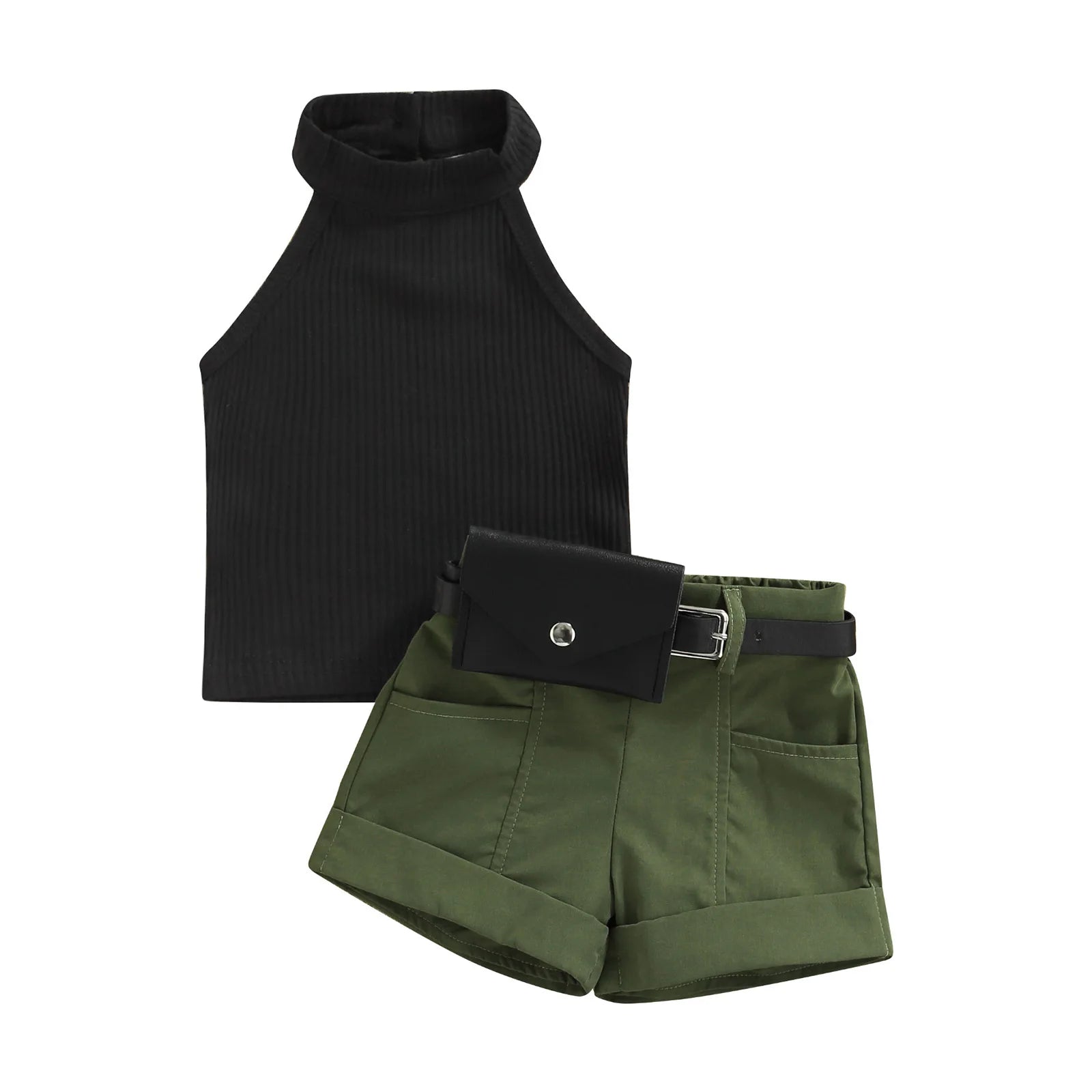 Roupas de três peças para meninas, cor sólida, sem mangas, com nervuras, gola alta, tops + calças curtas com cinto + pacote de cintura pequena 6 meses a 4 anos