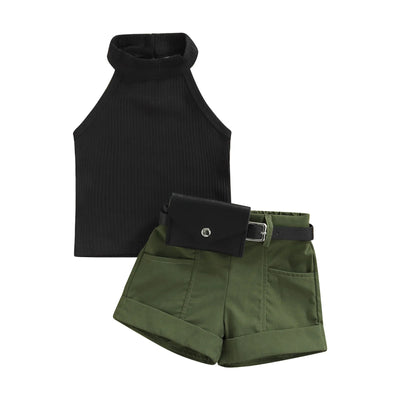 Roupas de três peças para meninas, cor sólida, sem mangas, com nervuras, gola alta, tops + calças curtas com cinto + pacote de cintura pequena 6 meses a 4 anos