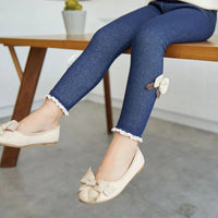 Novo outono inverno meninas jean calças quentes crianças leggings engrossar veludo bowknot crianças calças do bebê menina leggings de gelo