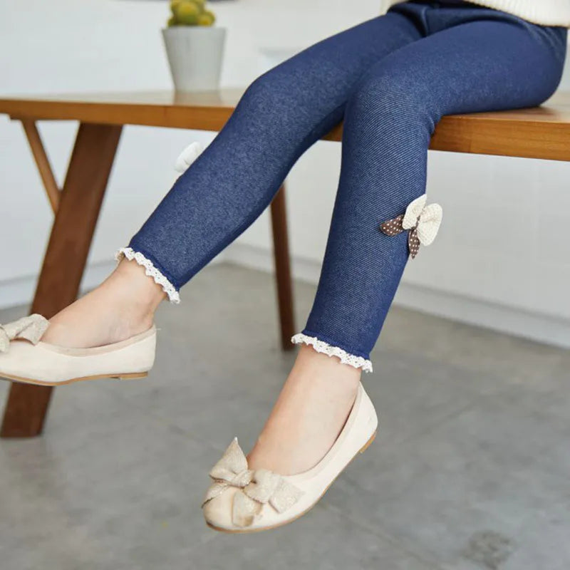 Novo outono inverno meninas jean calças quentes crianças leggings engrossar veludo bowknot crianças calças do bebê menina leggings de gelo