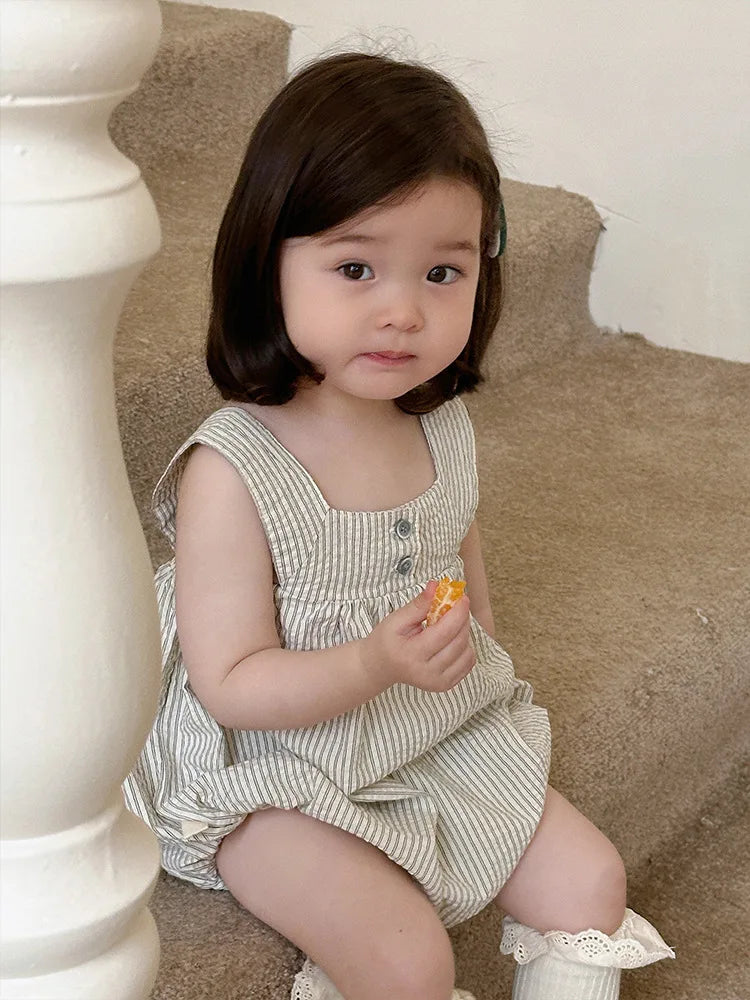 2025 verão novo bebê sem mangas listrado bodysuit algodão infantil menina casual cinta macacão recém-nascido da criança roupas casuais 0-24m