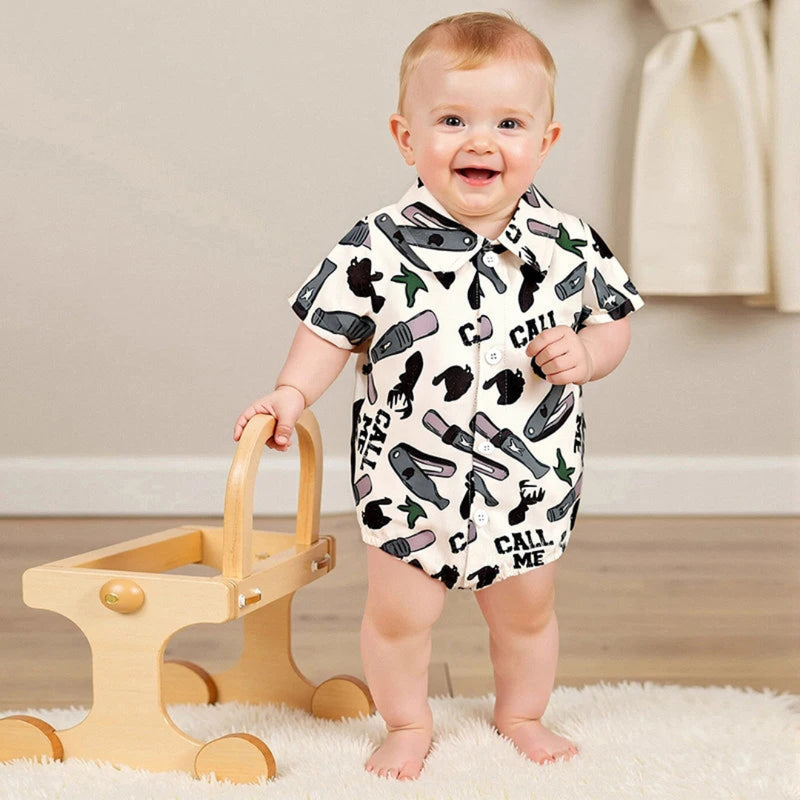 Pudcoco infantil bebê menino manga curta macacão moda impressão lapela pescoço botão-up bodysuit roupas casuais de verão
