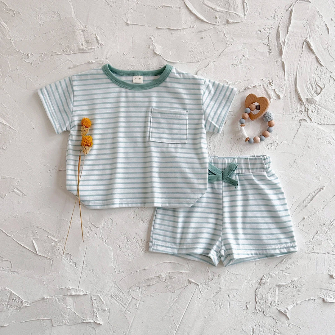 2025 verão bebê recém-nascido menino e meninas conjunto de roupas lazer listra verde camisa + shorts roupas terno esportivo crianças 2 pçs/set