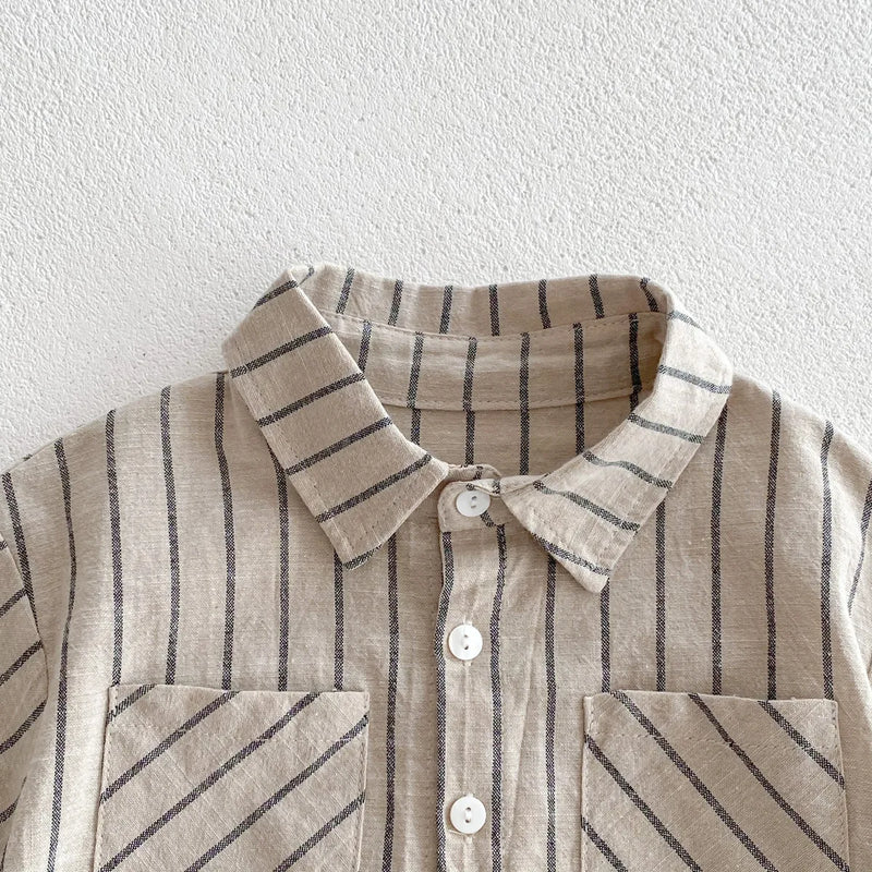 Conjunto de treino listrado infantil, Camisa e shorts com gola virada para baixo, Roupas de meninos e meninas, Roupas infantis, Verão, 2 peças, 2024