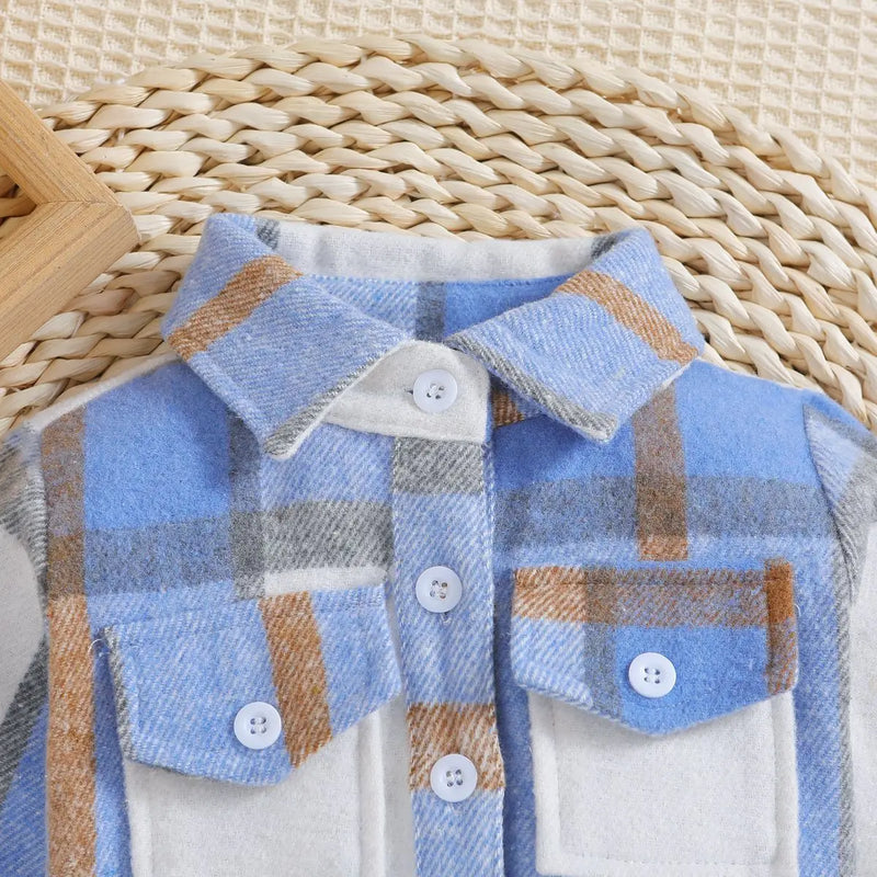 Outono menino menina casaco coreano novas crianças neutro xadrez lapela lã camisa de manga comprida moda cardigan curto