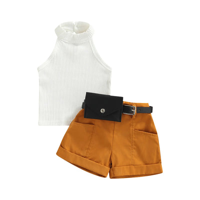 Roupas de três peças para meninas, cor sólida, sem mangas, com nervuras, gola alta, tops + calças curtas com cinto + pacote de cintura pequena 6 meses a 4 anos