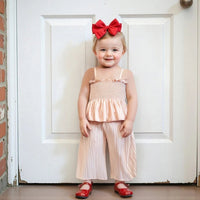Pudcoco Conjunto de 2 peças de roupa de verão para bebês meninas com babados sólidos e tops sem mangas e calças com textura ondulada 0-4T