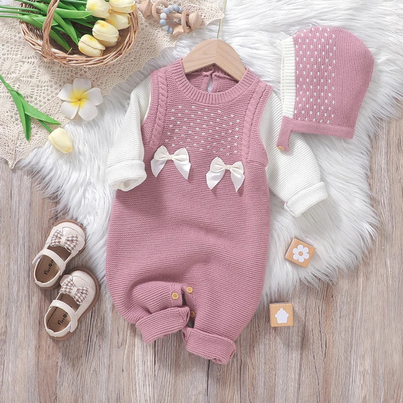 Bebê recém-nascido macacão de malha infantil menina macacão bonito arcos outono roupas do miúdo chapéu criança macacão 0-18m roupa quente manga longa 2pc