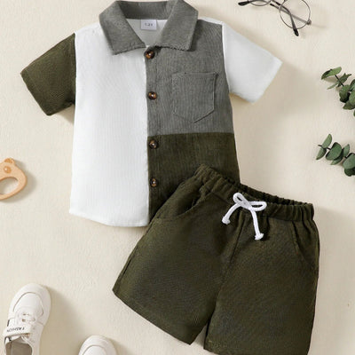 1-6 anos crianças meninos gola flip cor bloqueada pit stripe topo + shorts moda 2 pçs/set ensolarado bonito meninos verão conjunto