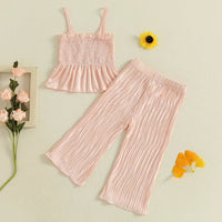 Pudcoco Conjunto de 2 peças de roupa de verão para bebês meninas com babados sólidos e tops sem mangas e calças com textura ondulada 0-4T