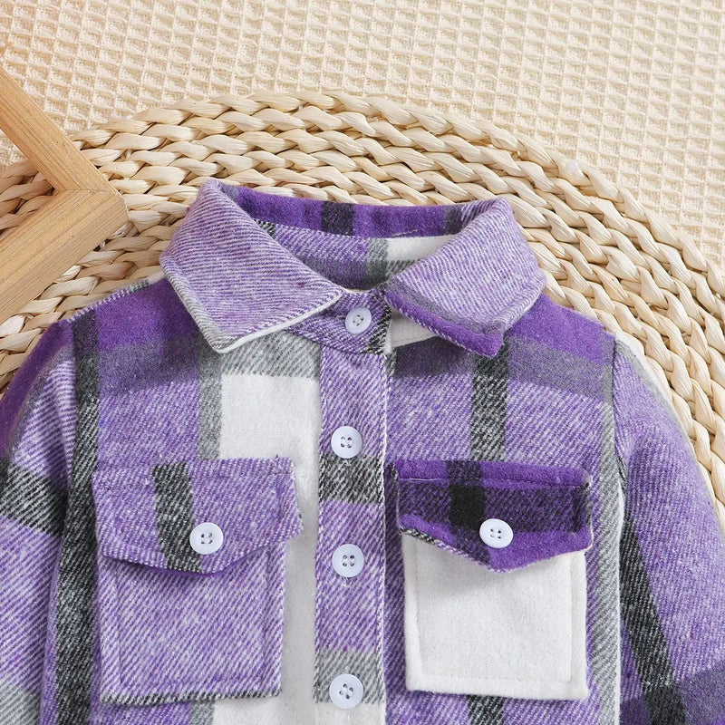Outono menino menina casaco coreano novas crianças neutro xadrez lapela lã camisa de manga comprida moda cardigan curto