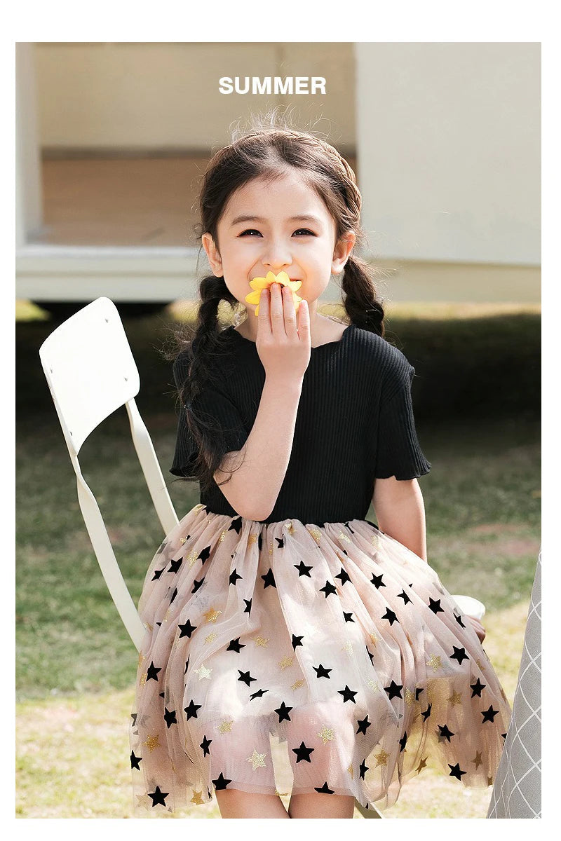 Gaze infantil inchado princesa vestido, estrelas de aniversário, moda casual feminina, elegância para festa, crianças de 1 a 7 anos, verão