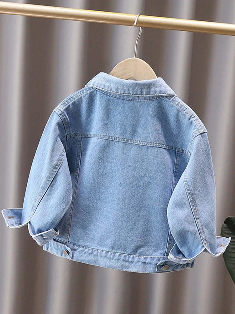 Casaco jeans de peito único, manga comprida, casaco casual de lapela, bolso simples, masculino, primavera e outono, 1-8 anos, 2022