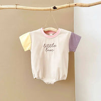 Macacão bordado letra manga curta para bebês meninos e meninas, em macacão recém-nascido, roupas infantis, bloco de cores, verão, 0-18m