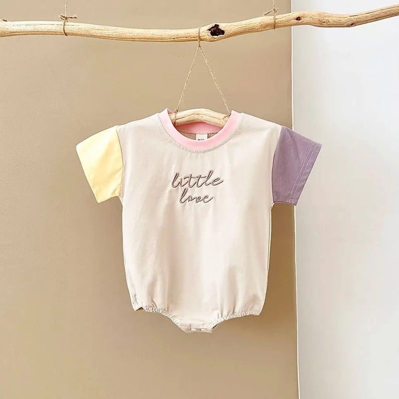 Macacão bordado letra manga curta para bebês meninos e meninas, em macacão recém-nascido, roupas infantis, bloco de cores, verão, 0-18m