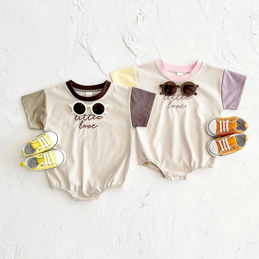 Macacão bordado letra manga curta para bebês meninos e meninas, em macacão recém-nascido, roupas infantis, bloco de cores, verão, 0-18m