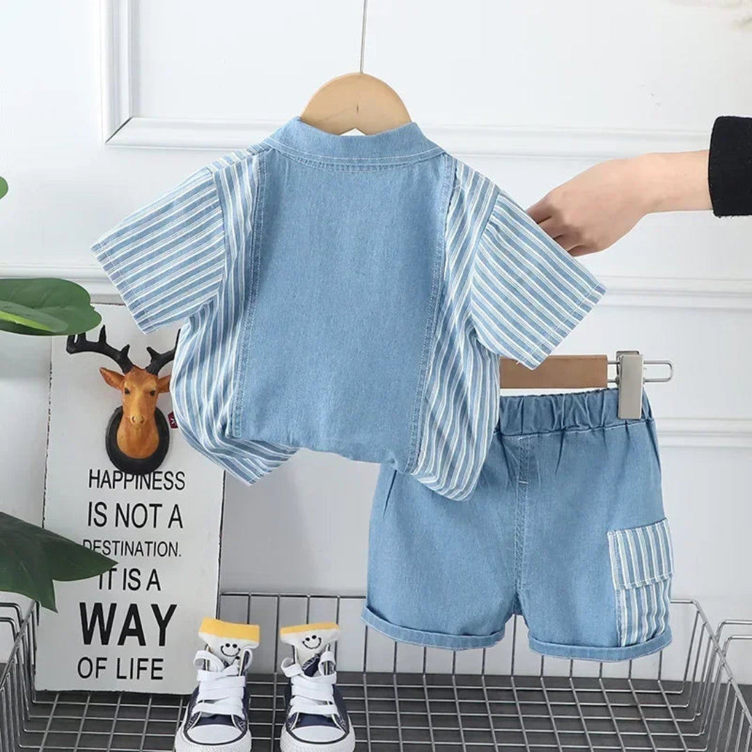 Novas crianças moda meninos denim conjuntos de roupas casuais camisas listradas shorts 2 pçs crianças terno ao ar livre da criança terno 0-5 anos