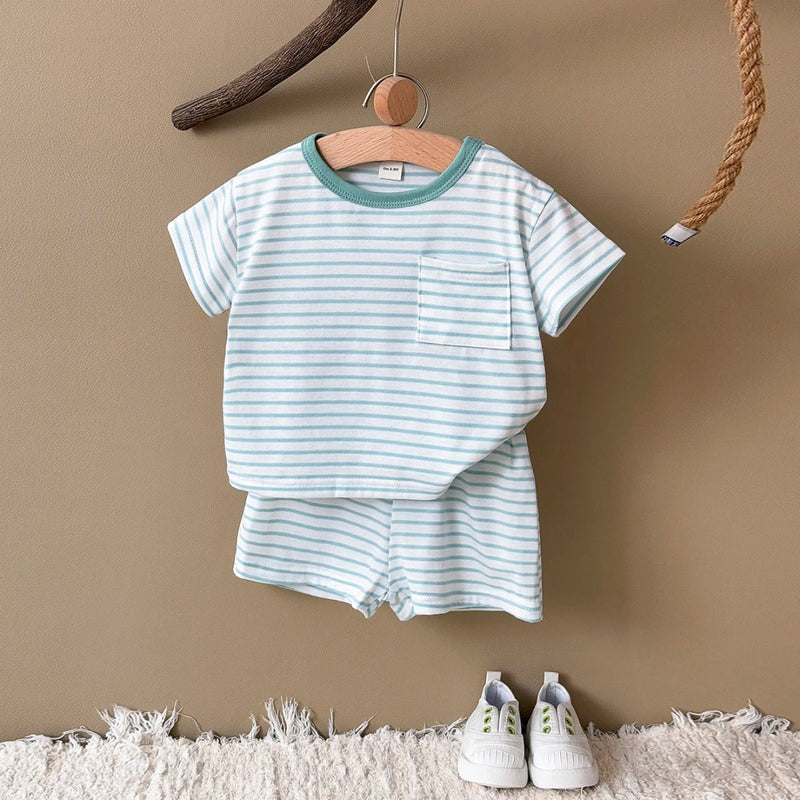 2025 verão bebê recém-nascido menino e meninas conjunto de roupas lazer listra verde camisa + shorts roupas terno esportivo crianças 2 pçs/set