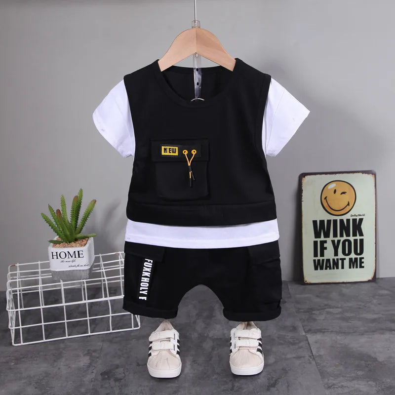 Moda verão crianças retalhos roupas bebê menino menina bolso t camisa shorts 2 pc/set criança casual roupas esportivas crianças agasalhos