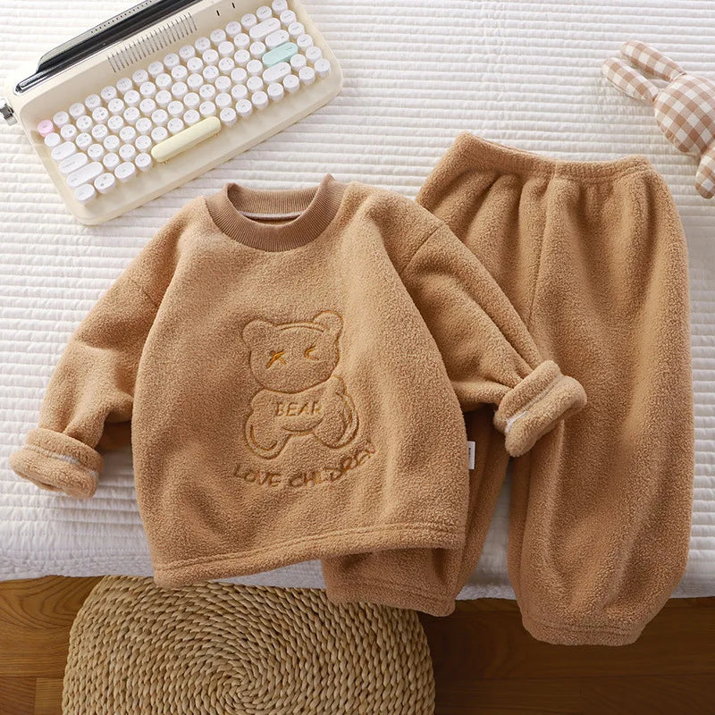 Conjuntos de flanela de inverno para crianças, pijamas sólidos e quentes para crianças, conjunto de duas peças para bebês, meninos e meninas, roupas boutique