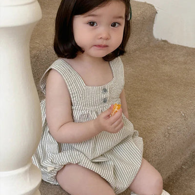 2025 verão novo bebê sem mangas listrado bodysuit algodão infantil menina casual cinta macacão recém-nascido da criança roupas casuais 0-24m