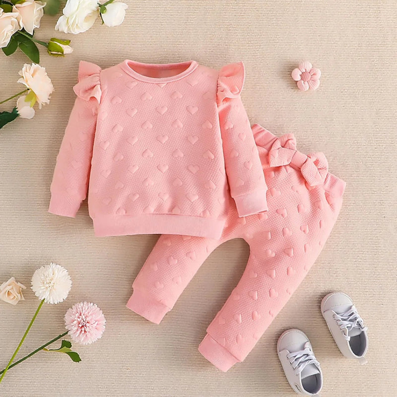 Roupas de bebê recém-nascido terno 3-24 meses manga longa bonito em forma de coração impresso babados camiseta e arco frontal calças terno