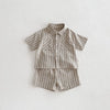 Conjunto de treino listrado infantil, Camisa e shorts com gola virada para baixo, Roupas de meninos e meninas, Roupas infantis, Verão, 2 peças, 2024