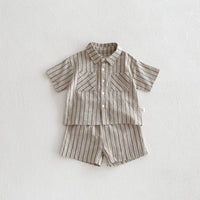 Conjunto de treino listrado infantil, Camisa e shorts com gola virada para baixo, Roupas de meninos e meninas, Roupas infantis, Verão, 2 peças, 2024