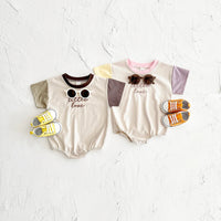 Macacão bordado letra manga curta para bebês meninos e meninas, em macacão recém-nascido, roupas infantis, bloco de cores, verão, 0-18m