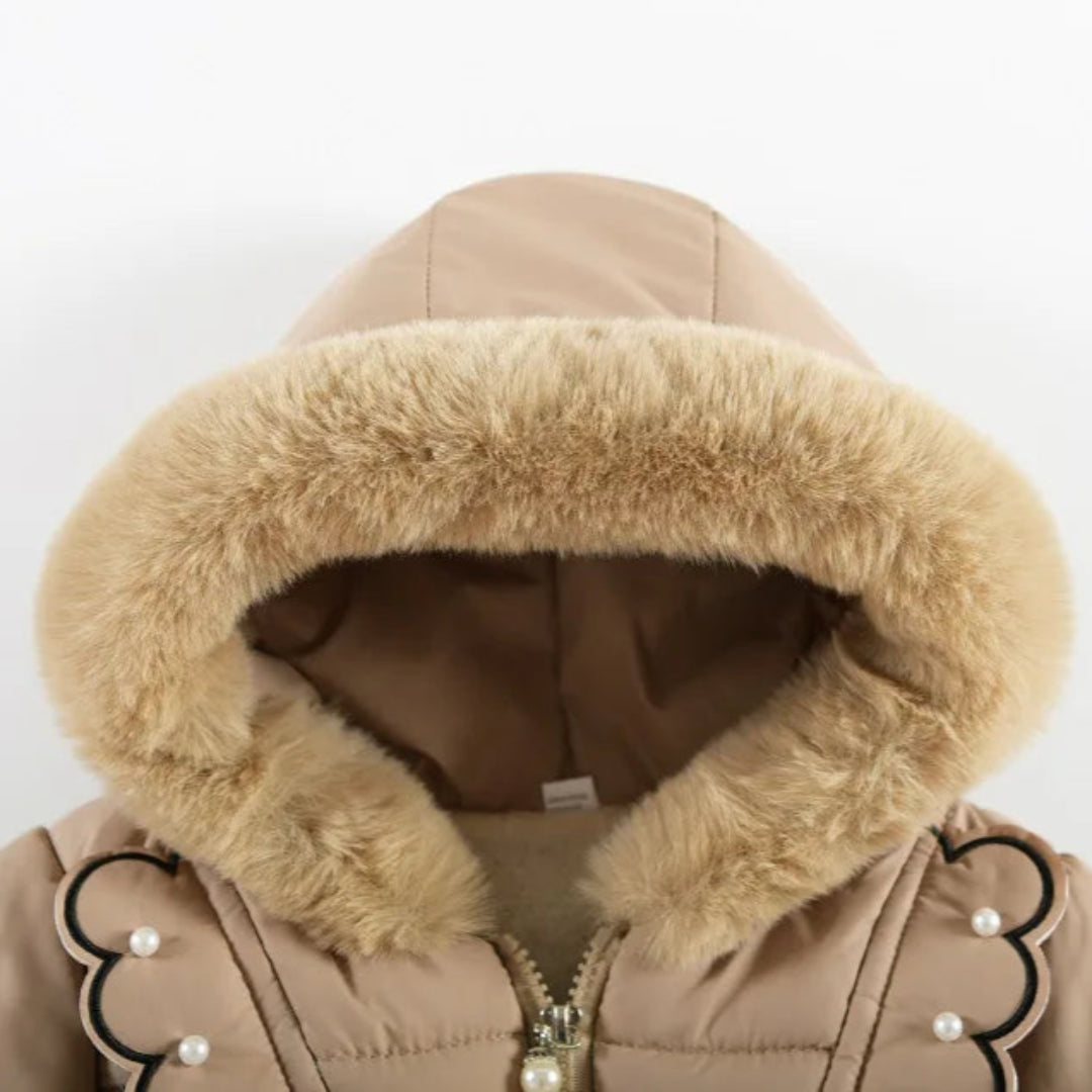 Crianças outono inverno grosso casaco de algodão crianças meninas quente pérolas jaqueta gola de pelúcia com capuz à prova de vento outwear 1 a 6 anos de idade