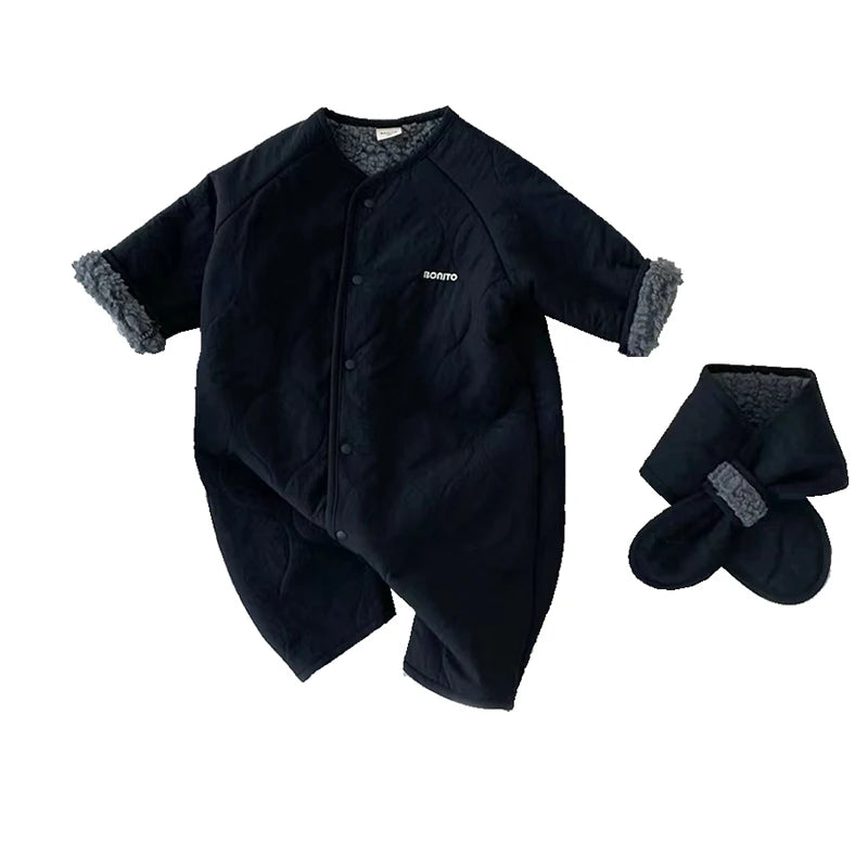 Macacão de bebê coreano cachecol conjunto outono inverno lã de cordeiro macacão para meninos meninas da criança roupas infantis soltas recém-nascidos macacão 2 pçs