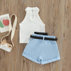 Roupas de três peças para meninas, cor sólida, sem mangas, com nervuras, gola alta, tops + calças curtas com cinto + pacote de cintura pequena 6 meses a 4 anos