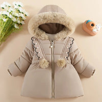 Crianças outono inverno grosso casaco de algodão crianças meninas quente pérolas jaqueta gola de pelúcia com capuz à prova de vento outwear 1 a 6 anos de idade