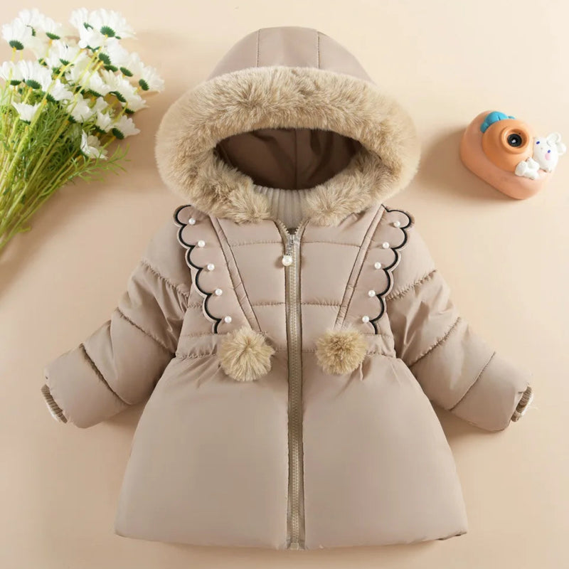 Crianças outono inverno grosso casaco de algodão crianças meninas quente pérolas jaqueta gola de pelúcia com capuz à prova de vento outwear 1 a 6 anos de idade