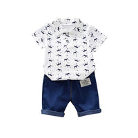 2 pçs crianças roupas para menino 1-4y coroa impressão camisa + jeans curto verão algodão macio crianças conjunto da criança casual passeio moda terno