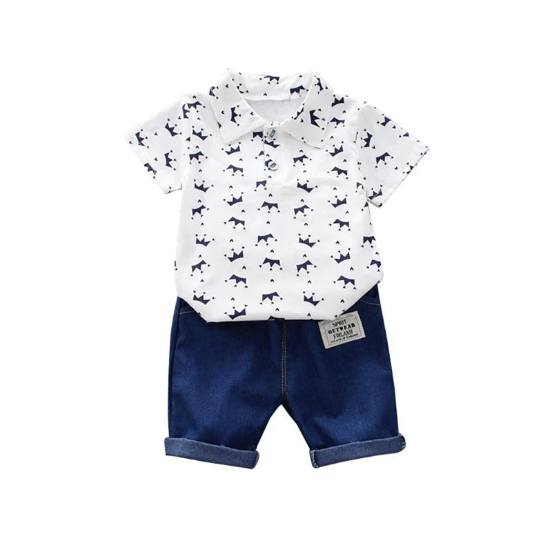 2 pçs crianças roupas para menino 1-4y coroa impressão camisa + jeans curto verão algodão macio crianças conjunto da criança casual passeio moda terno
