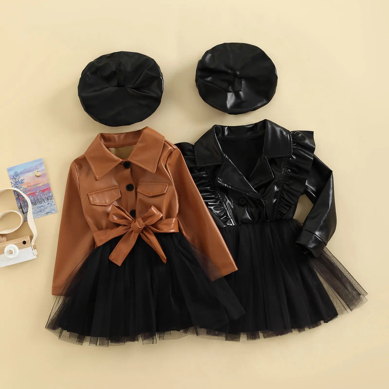 Vestido linha a para bebês meninas primavera outono manga comprida lapela couro pu tule patchwork vestido com chapéu 3-7t
