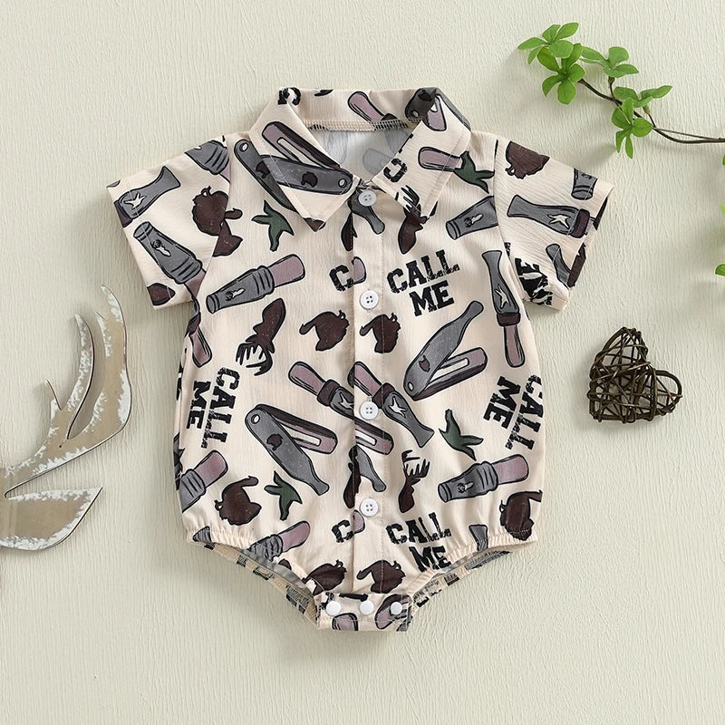 Pudcoco infantil bebê menino manga curta macacão moda impressão lapela pescoço botão-up bodysuit roupas casuais de verão