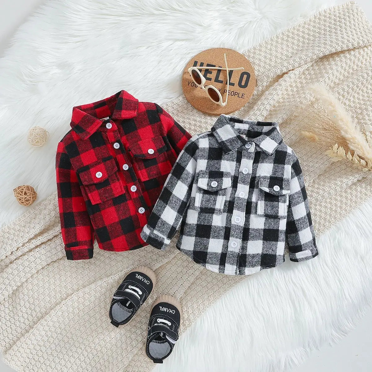Outono menino menina casaco coreano novas crianças neutro xadrez lapela lã camisa de manga comprida moda cardigan curto