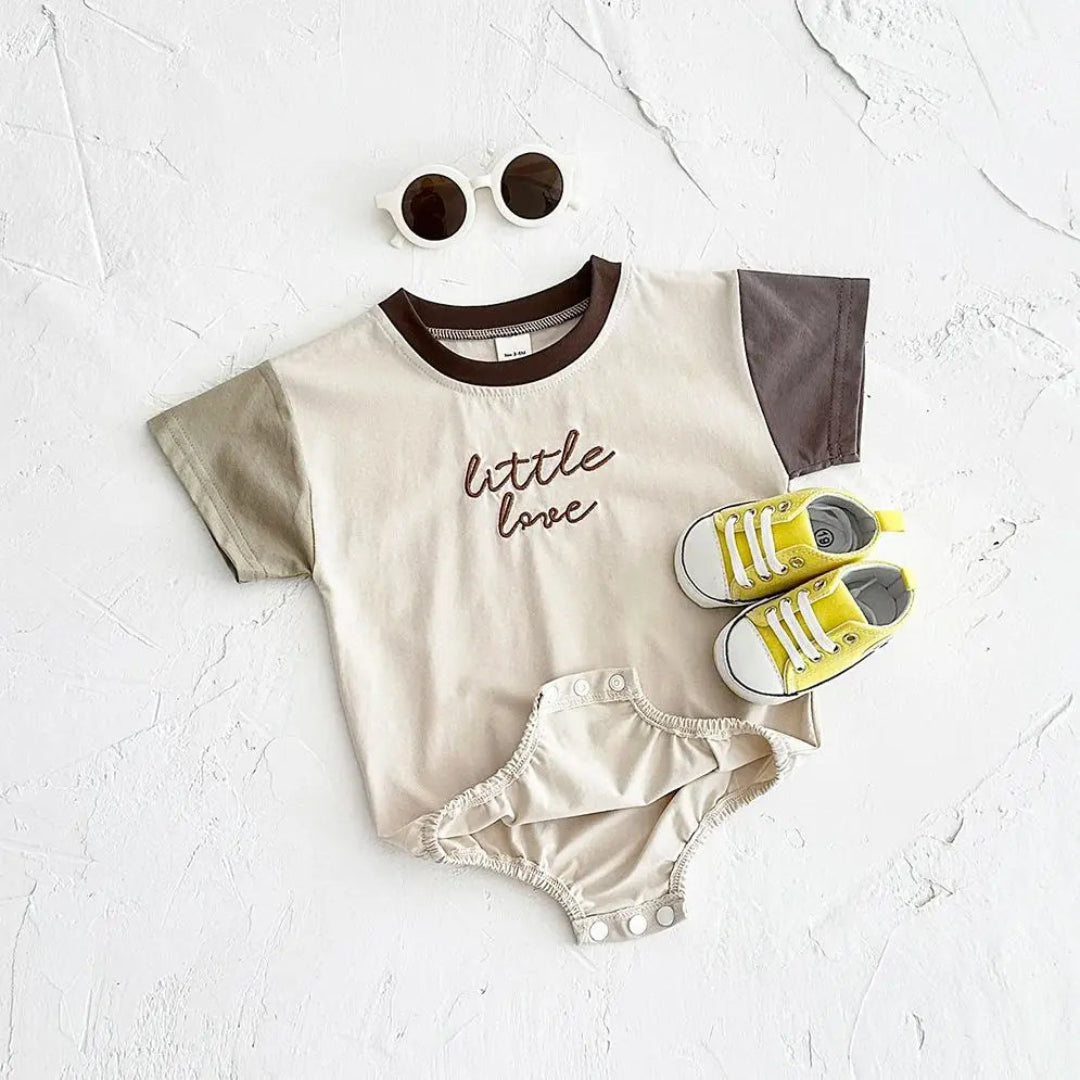 Macacão bordado letra manga curta para bebês meninos e meninas, em macacão recém-nascido, roupas infantis, bloco de cores, verão, 0-18m