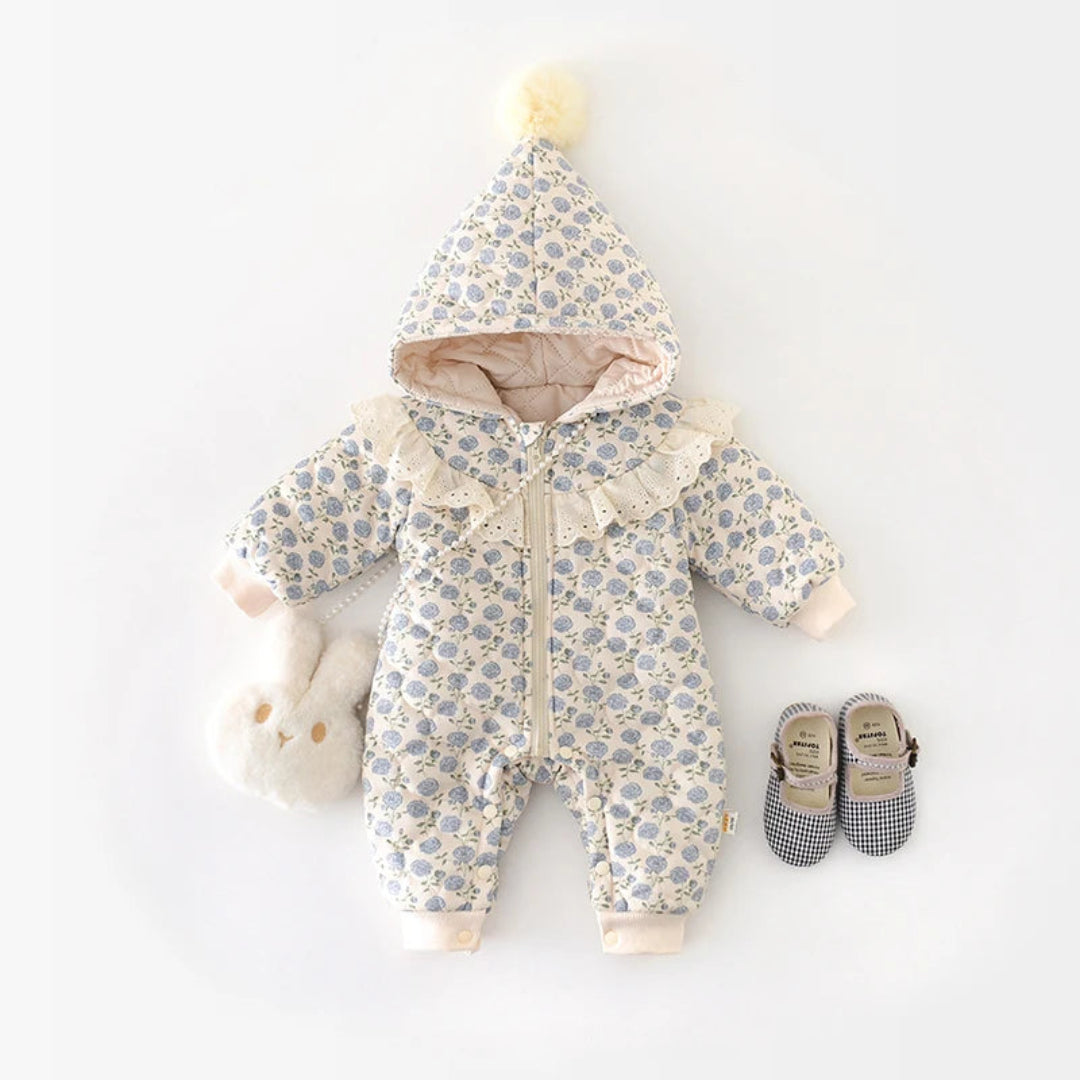 Floral de renda do bebê cheio de macacão de impressão, macacão infantil, casaco grosso quente, roupas doces para meninas, inverno, 0-2 anos