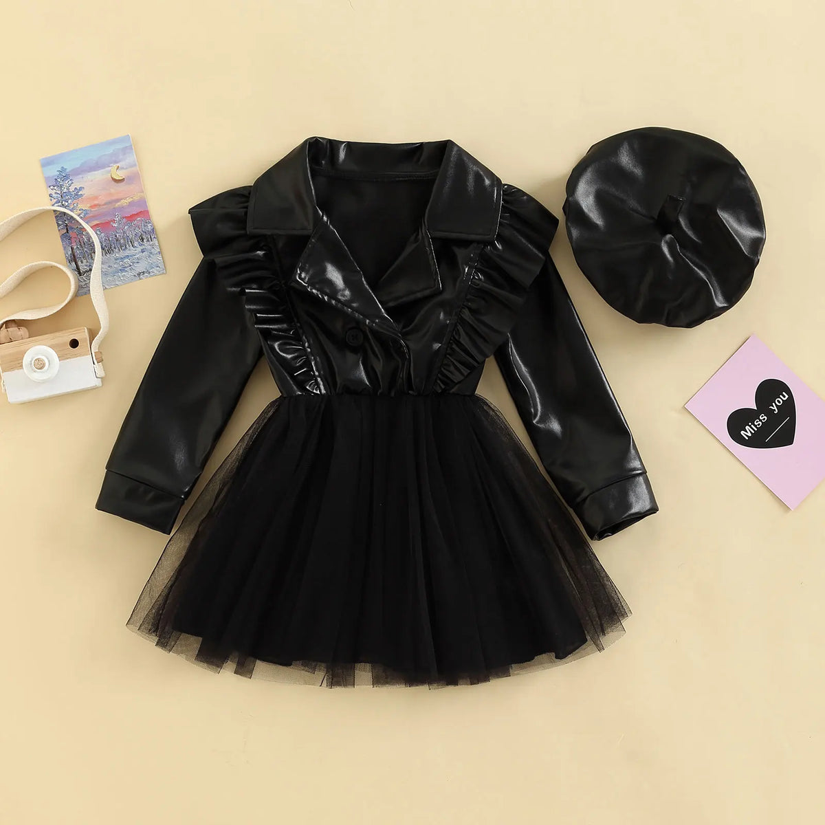 Vestido linha a para bebês meninas primavera outono manga comprida lapela couro pu tule patchwork vestido com chapéu 3-7t