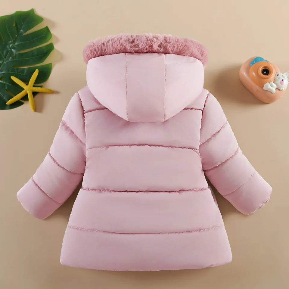 Crianças outono inverno grosso casaco de algodão crianças meninas quente pérolas jaqueta gola de pelúcia com capuz à prova de vento outwear 1 a 6 anos de idade