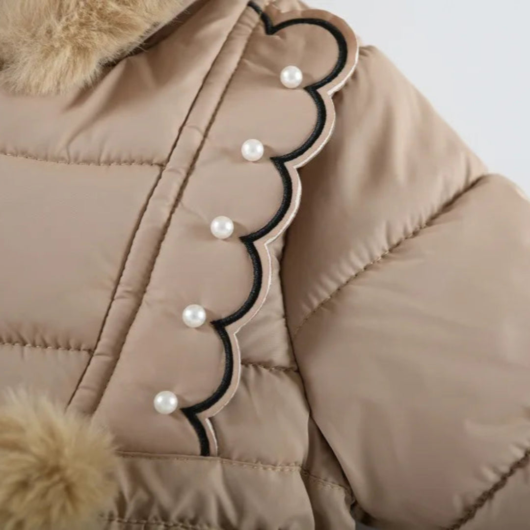Crianças outono inverno grosso casaco de algodão crianças meninas quente pérolas jaqueta gola de pelúcia com capuz à prova de vento outwear 1 a 6 anos de idade