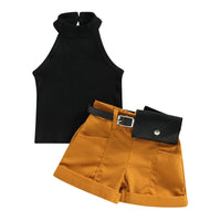 Roupas de três peças para meninas, cor sólida, sem mangas, com nervuras, gola alta, tops + calças curtas com cinto + pacote de cintura pequena 6 meses a 4 anos