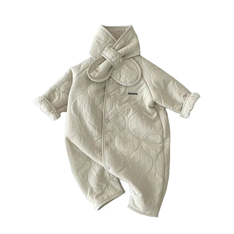 Macacão de bebê coreano cachecol conjunto outono inverno lã de cordeiro macacão para meninos meninas da criança roupas infantis soltas recém-nascidos macacão 2 pçs