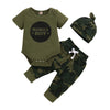Conjunto de roupas camufladas de manga curta, 3 peças, com chapéu, roupas para bebês recém-nascidos, verão, esportes de rua, terno para crianças de 0 a 18 meses