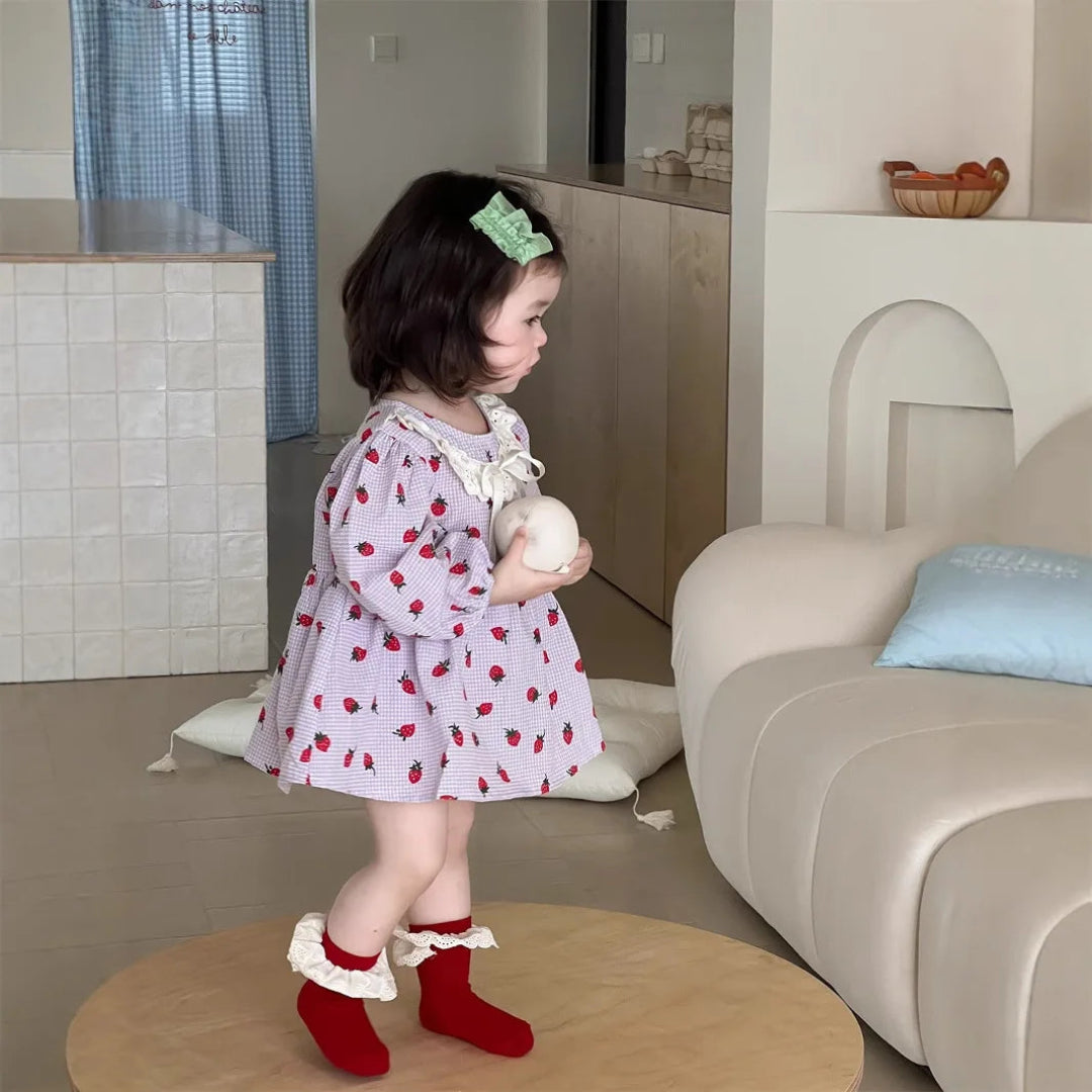 2025 primavera novo bebê menina vestido de manga longa bonito morango impressão recém-nascido da criança princesa bodysuit vestido crianças meninas vestido de renda